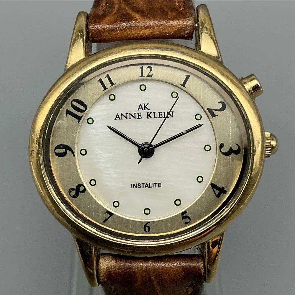 Anne Klein Instalite Womens Watch 30mm MOP Dial Brown Leather Backlight New Batt